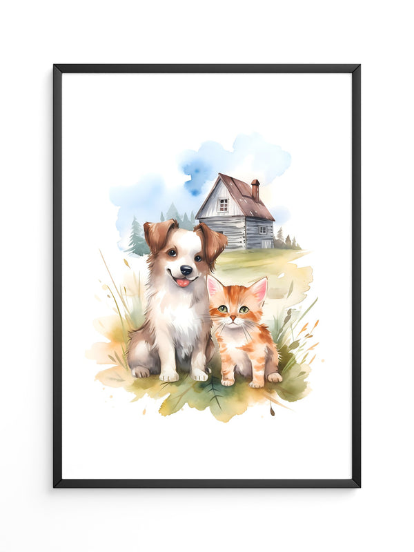 Welpen Kitten Landhaus Aquarell