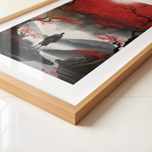 Rote Kirschblüten düsterer Nebel