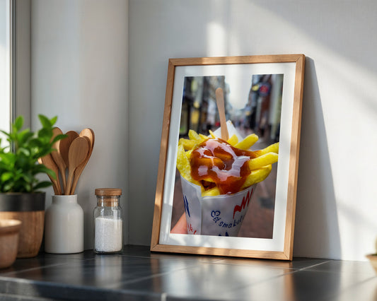 Pommes Currywurst Sauce Nahaufnahme