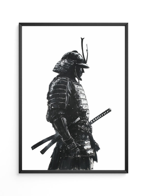 Samurai in Rüstung – Tuschzeichnung in Schwarz-Weiß