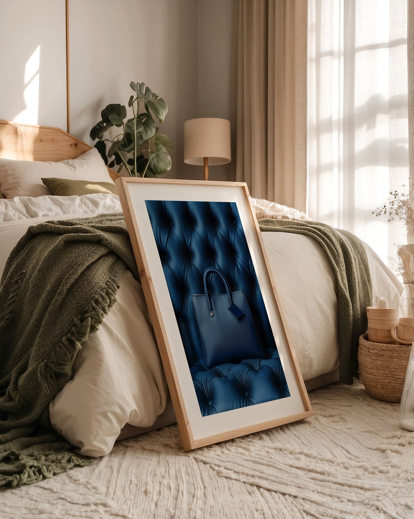 Blaue Tasche auf Polsterquadraten