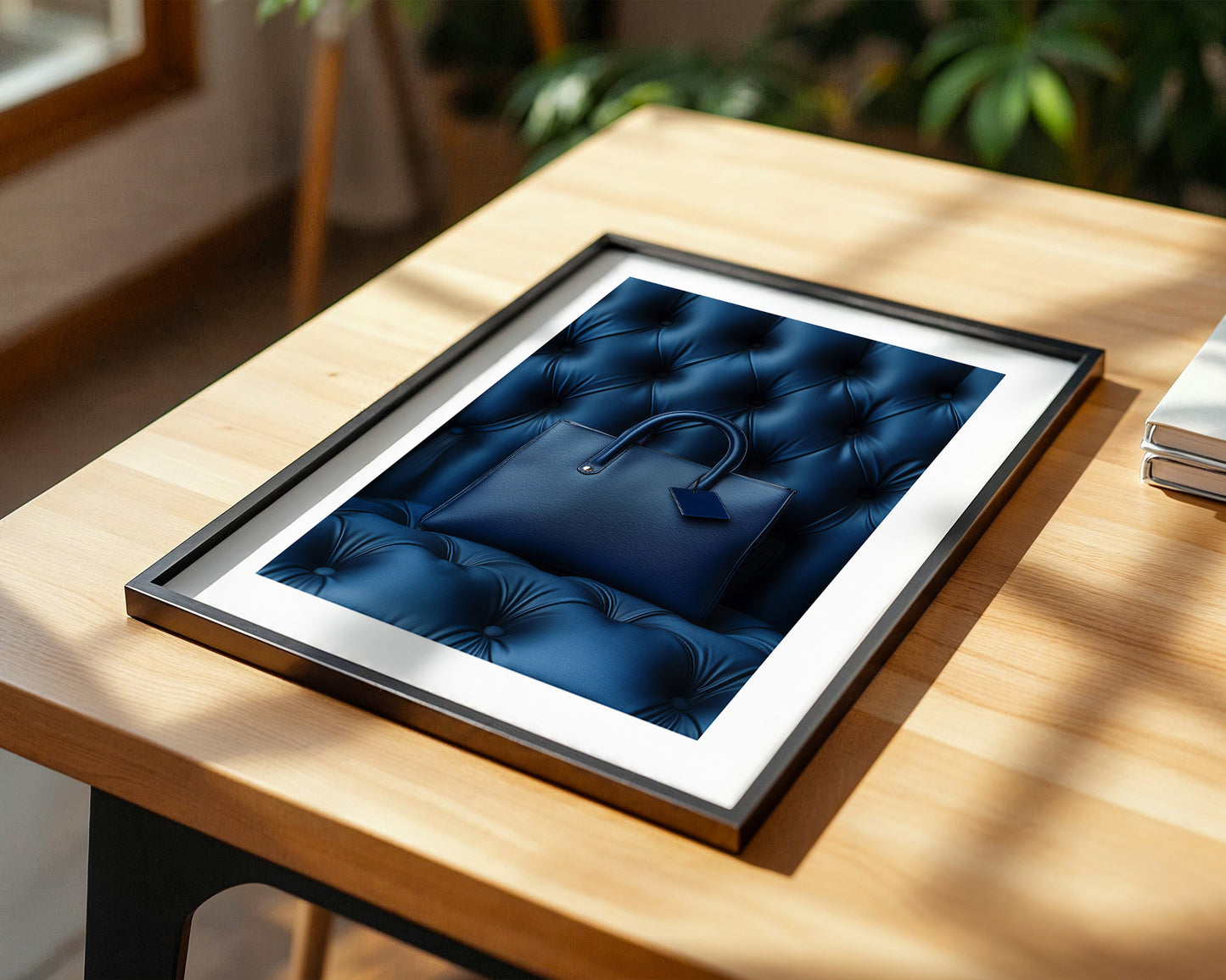 Blaue Tasche auf Polsterquadraten