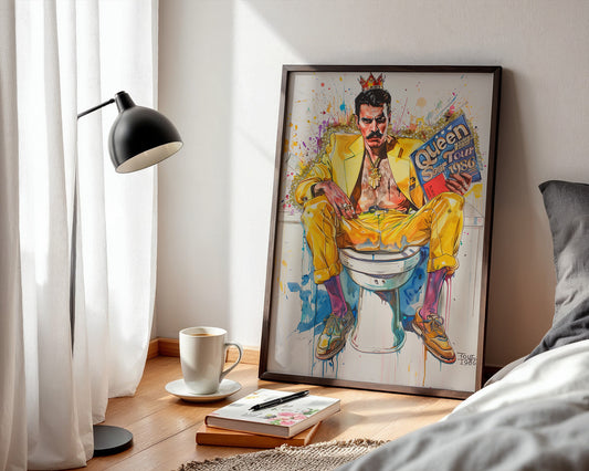 Mann gelber Anzug auf Toilette