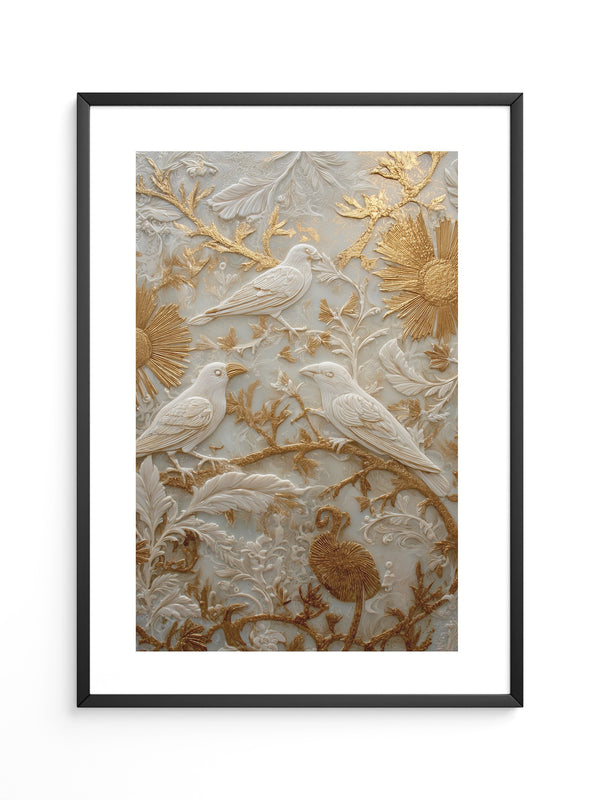 Vögel Relief Gold Weiß