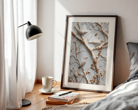Vögel Äste Relief Goldakzente