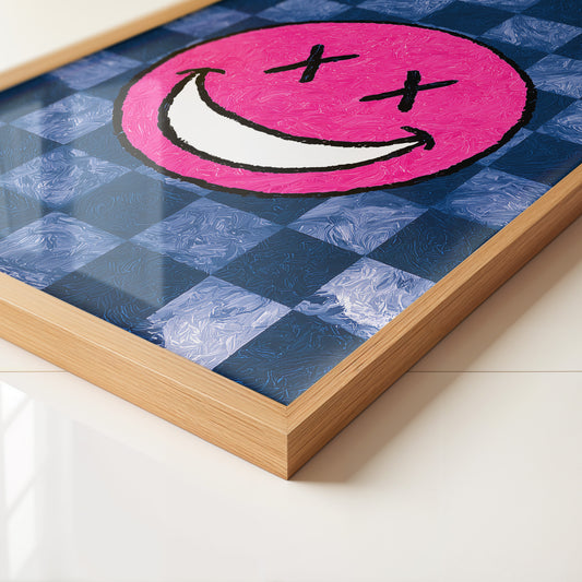 Grinsendes Emoji Pink Blau Gerastert