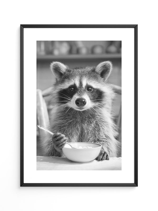 Waschbär Frühstück Schwarzweiß