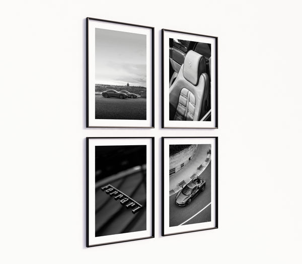 Poster-Set '8' Sportwagen Motive - 3 edle Automotive Prints Schwarz-Weiß