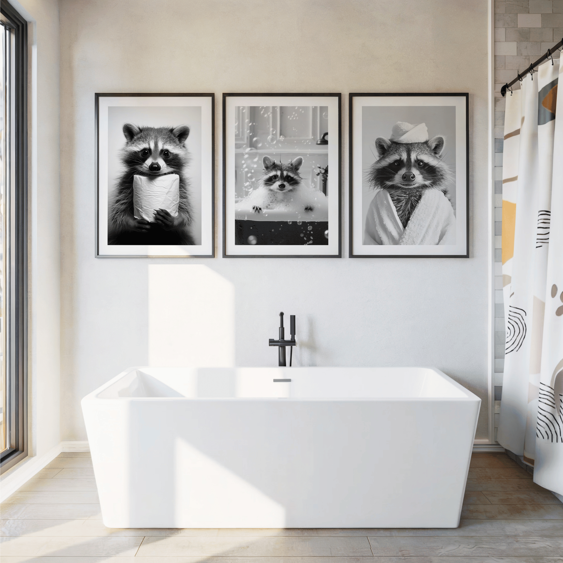 Poster Set „Badespaß“ – Waschbär Trio fürs Badezimmer