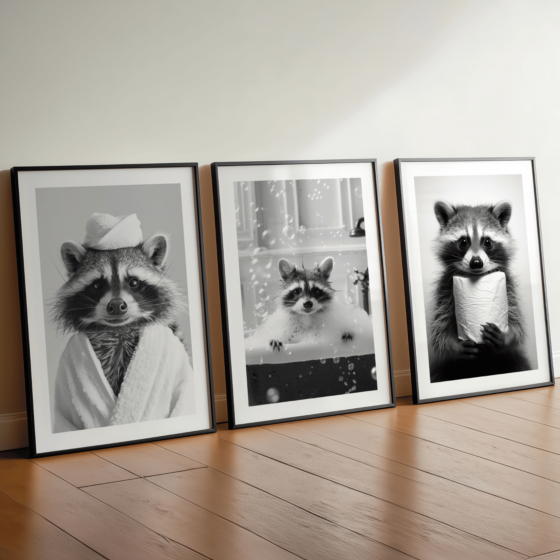 Poster Set „Badespaß“ – Waschbär Trio fürs Badezimmer