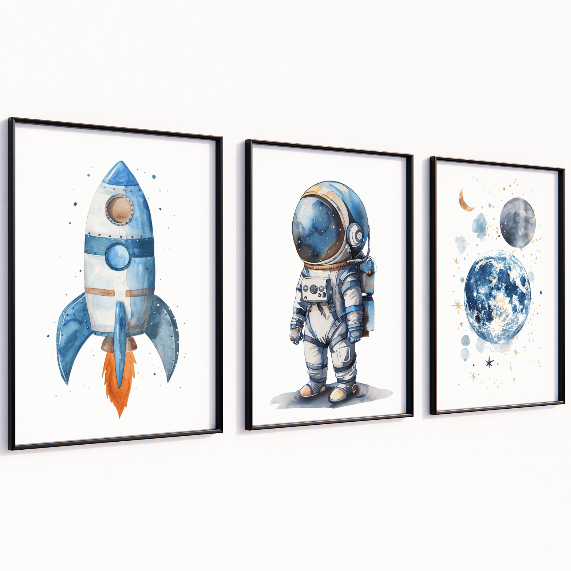 Kinderzimmer Poster Set „Weltraum Abenteuer“ – Rakete, Astronaut & Mond