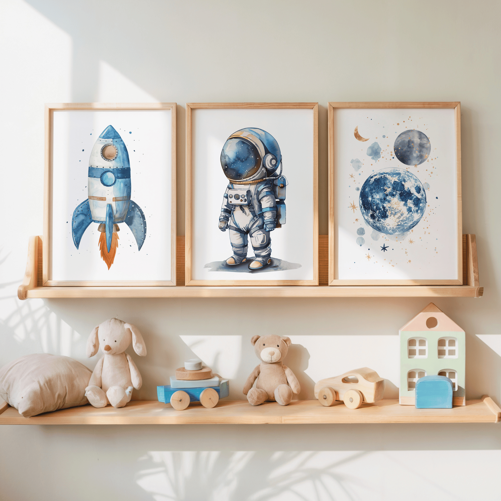 Kinderzimmer Poster Set „Weltraum Abenteuer“ – Rakete, Astronaut & Mond