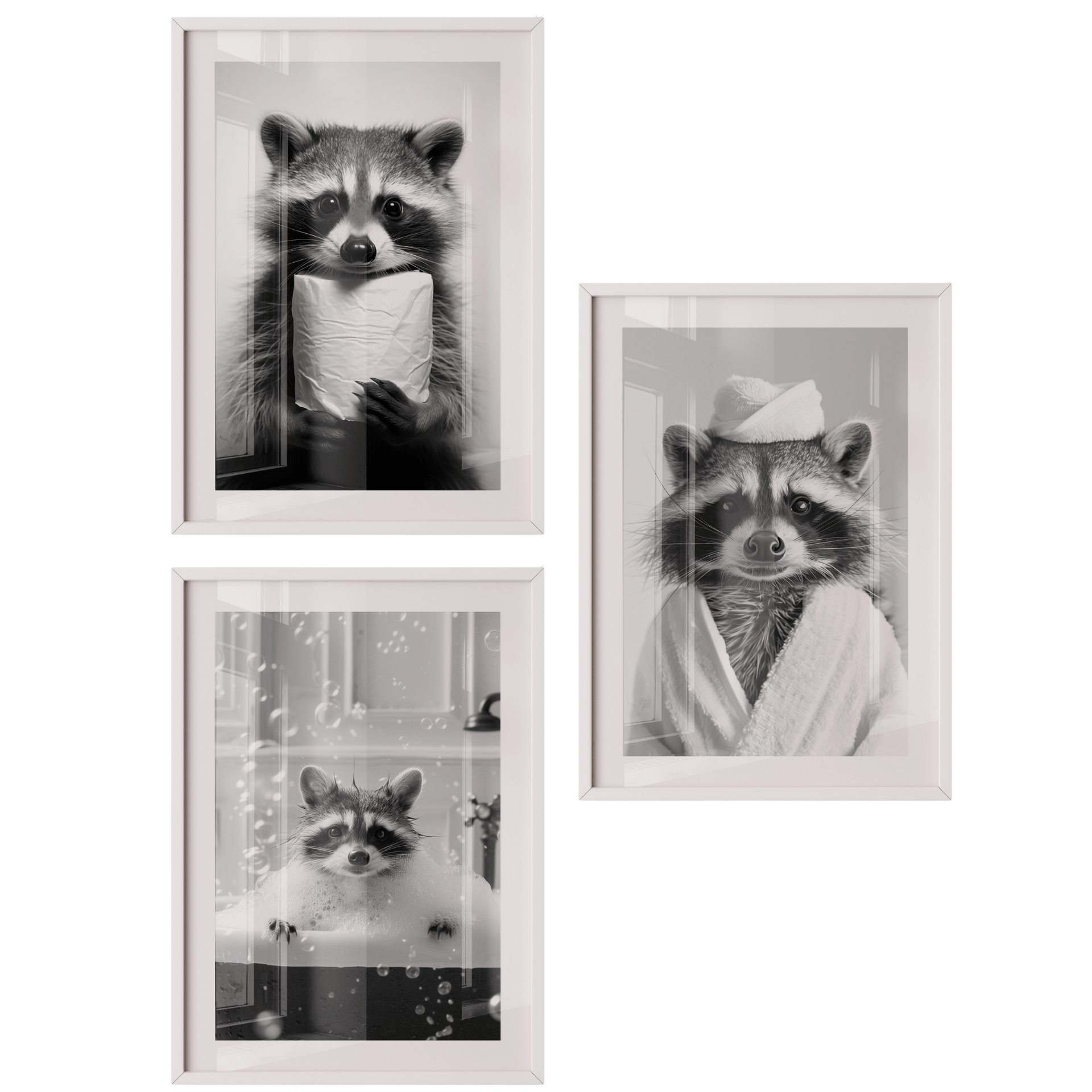 Poster Set „Badespaß“ – Waschbär Trio fürs Badezimmer