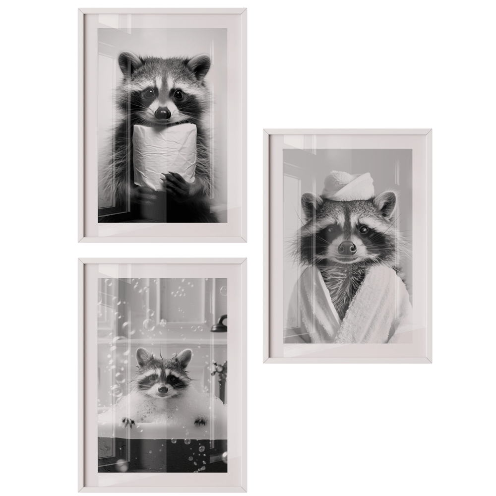 Poster Set „Badespaß“ – Waschbär Trio fürs Badezimmer