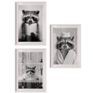 Poster Set „Badespaß“ – Waschbär Trio fürs Badezimmer