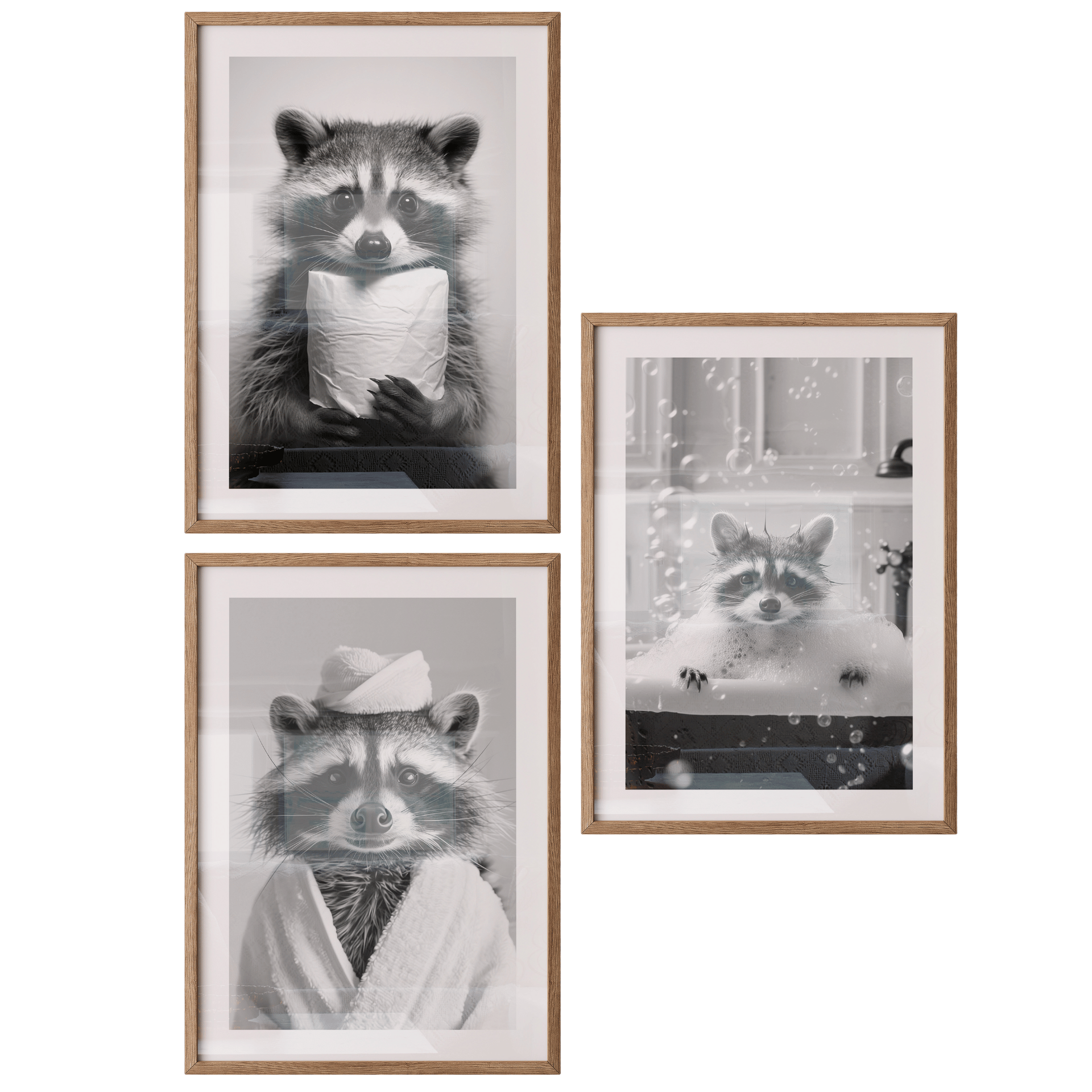 Poster Set „Badespaß“ – Waschbär Trio fürs Badezimmer