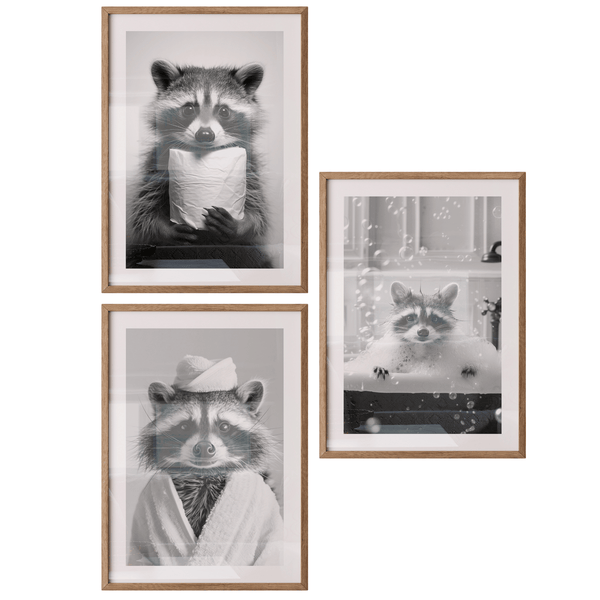 Poster Set „Badespaß“ – Waschbär Trio fürs Badezimmer