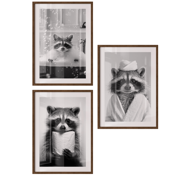 Poster Set „Badespaß“ – Waschbär Trio fürs Badezimmer