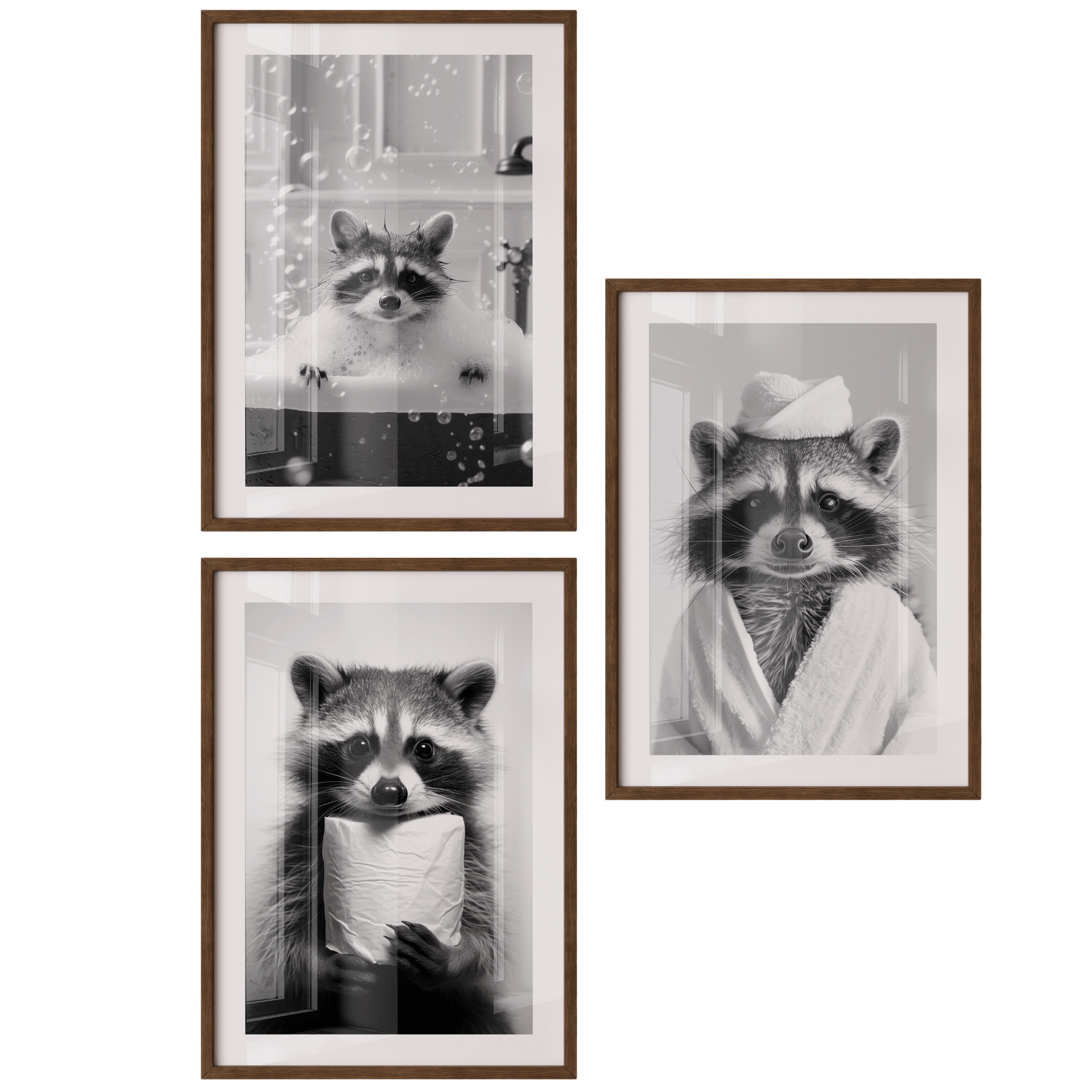 Poster Set „Badespaß“ – Waschbär Trio fürs Badezimmer