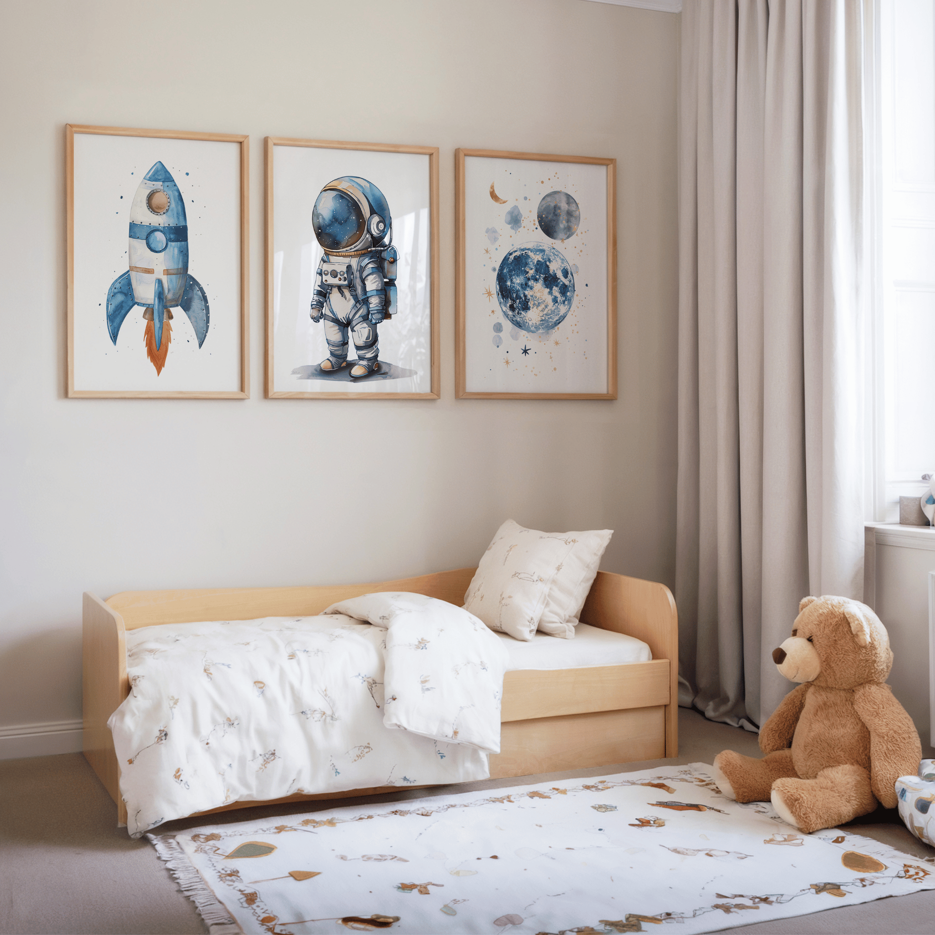 Kinderzimmer Poster Set „Weltraum Abenteuer“ – Rakete, Astronaut & Mond