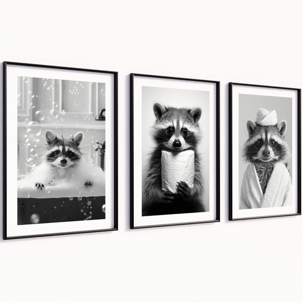 Poster Set „Badespaß“ – Waschbär Trio fürs Badezimmer