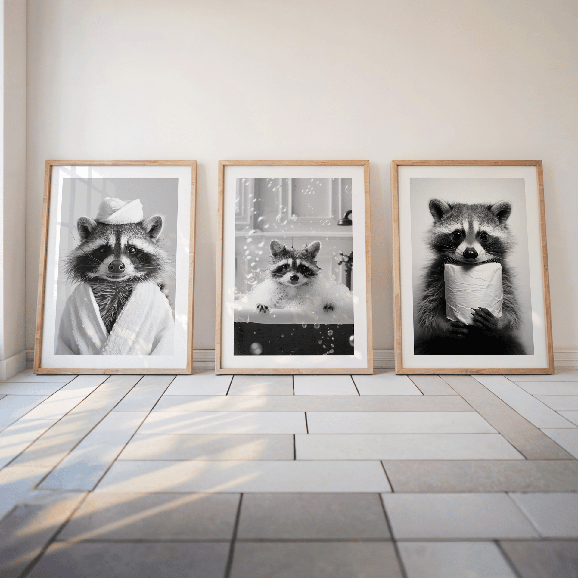 Poster Set „Badespaß“ – Waschbär Trio fürs Badezimmer