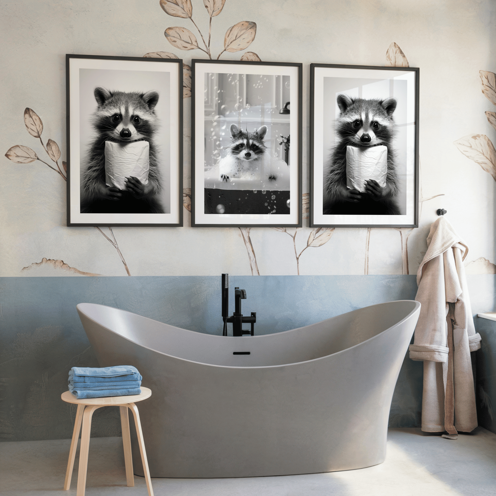 Poster Set „Badespaß“ – Waschbär Trio fürs Badezimmer