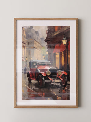 Roter Oldtimer in der Abenddämmerung