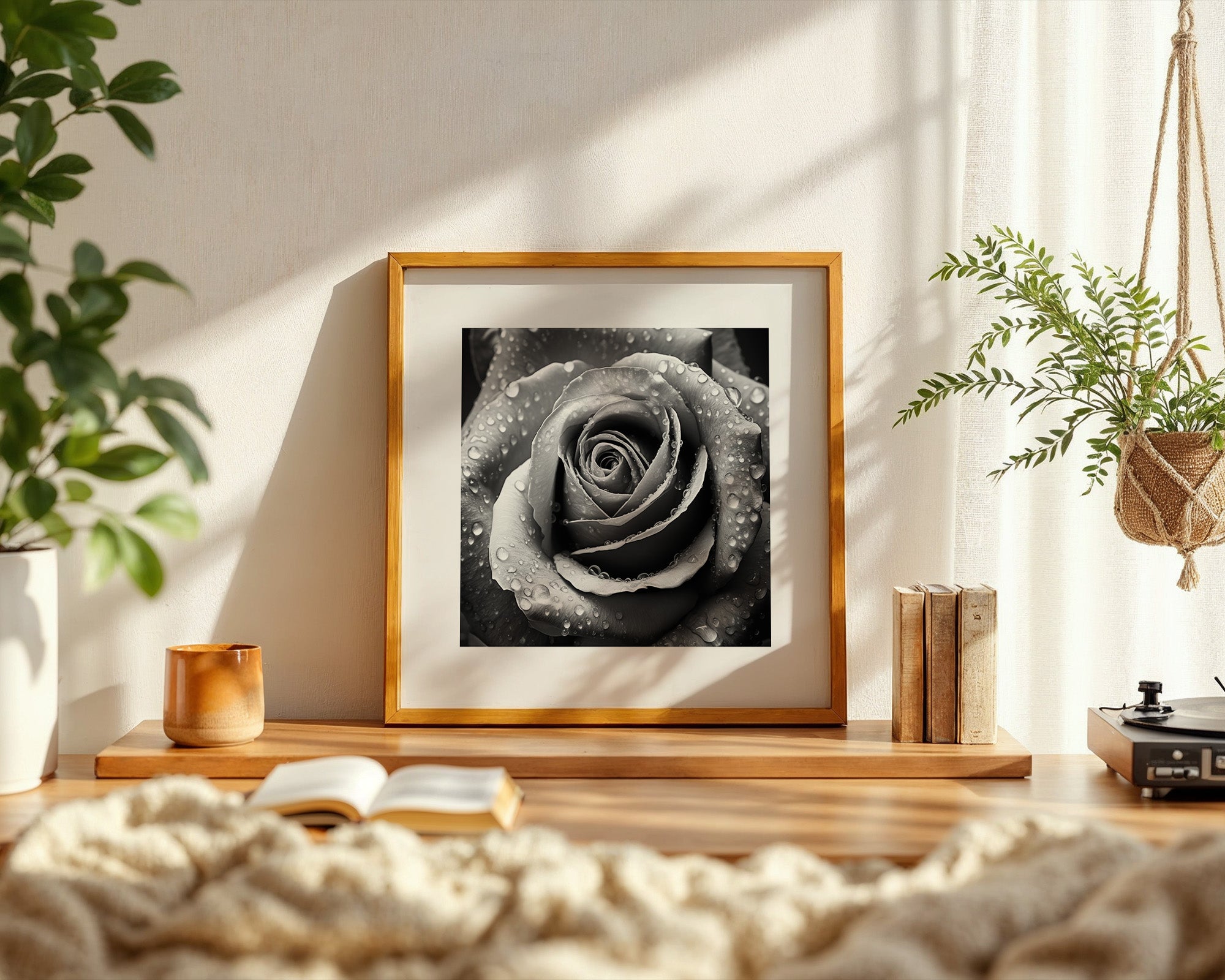 Rose Nahaufnahme Wassertropfen S/W