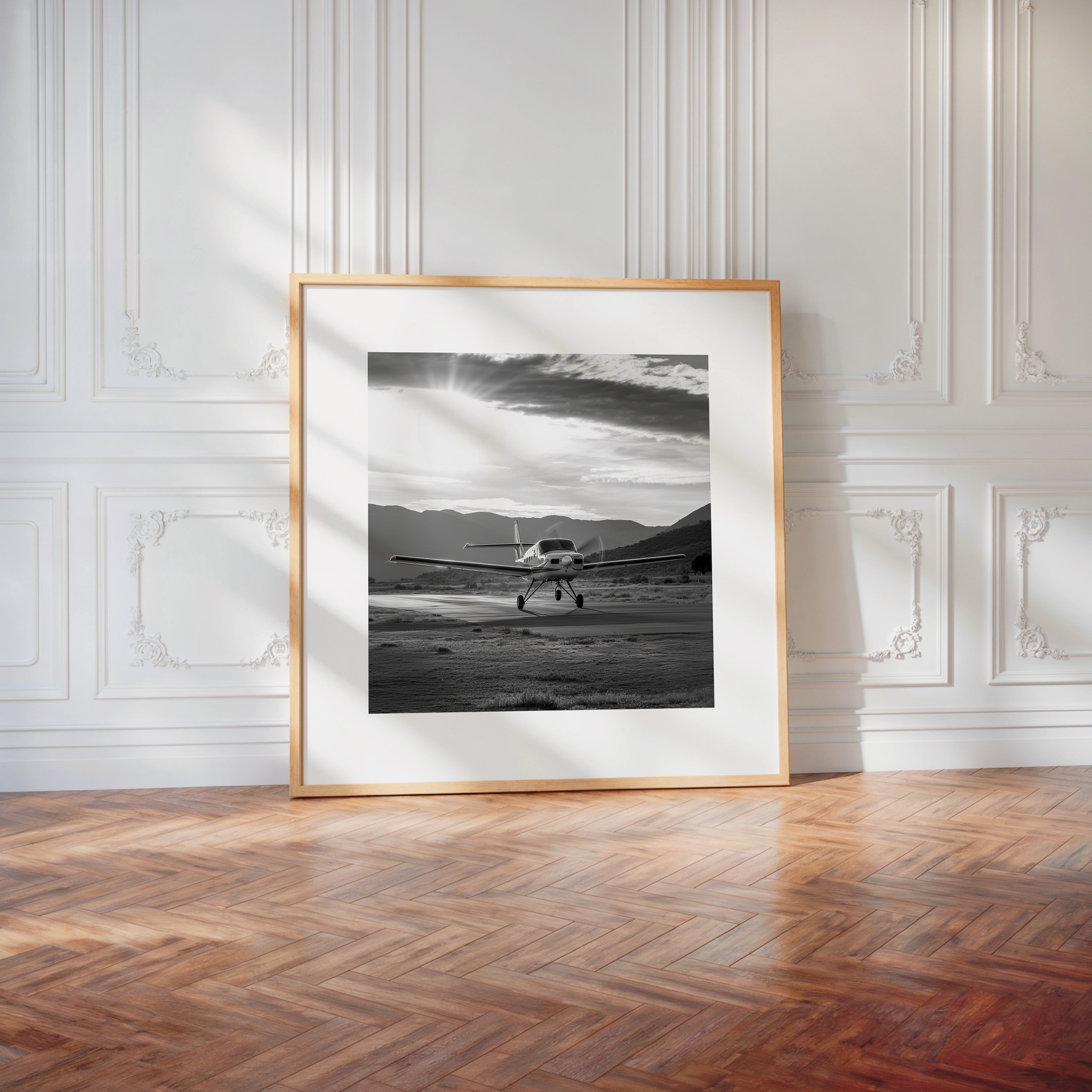 Flugzeug Landung Sonnenaufgang S/W