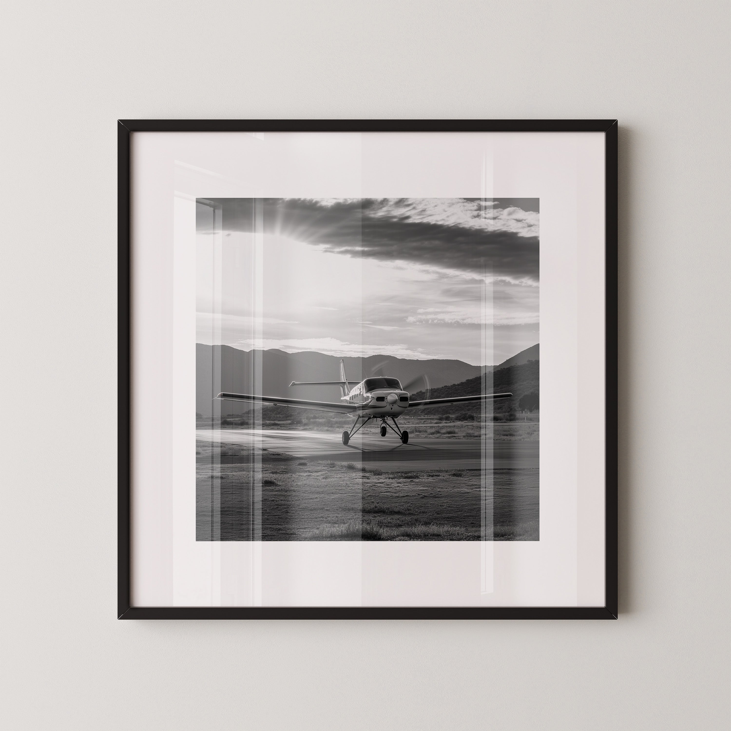 Flugzeug Landung Sonnenaufgang S/W