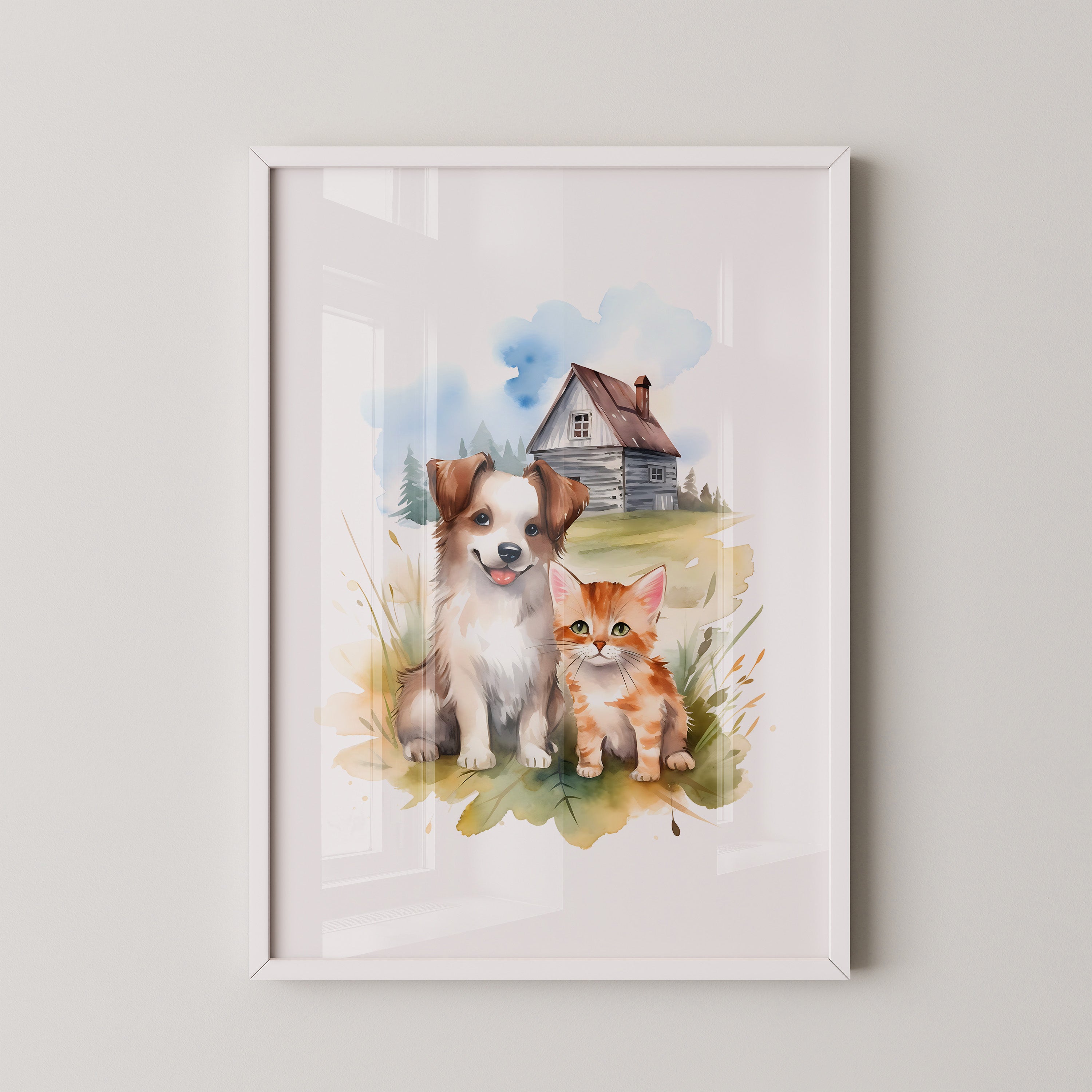 Welpen Kitten Landhaus Aquarell