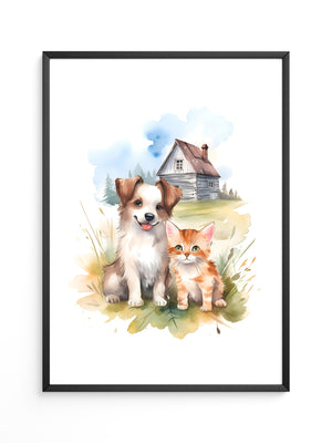 Welpen Kitten Landhaus Aquarell