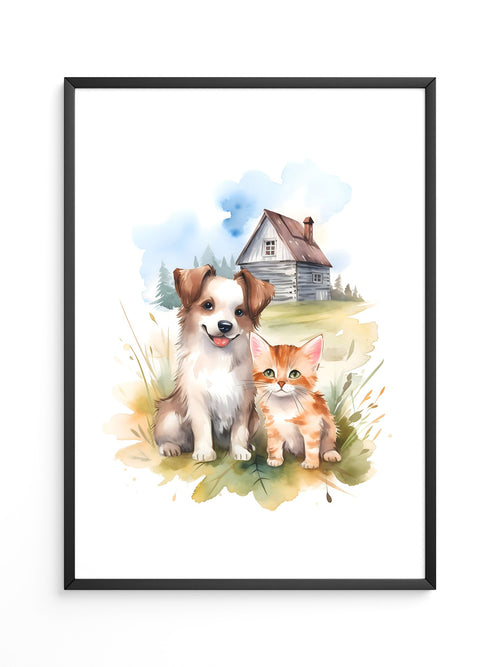 Welpen Kitten Landhaus Aquarell