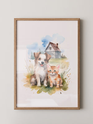 Welpen Kitten Landhaus Aquarell