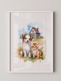 Welpen Kitten Landhaus Aquarell