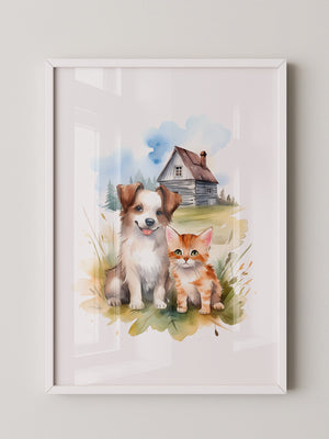 Welpen Kitten Landhaus Aquarell