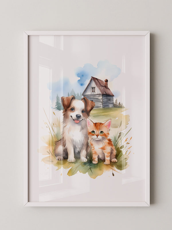 Welpen Kitten Landhaus Aquarell