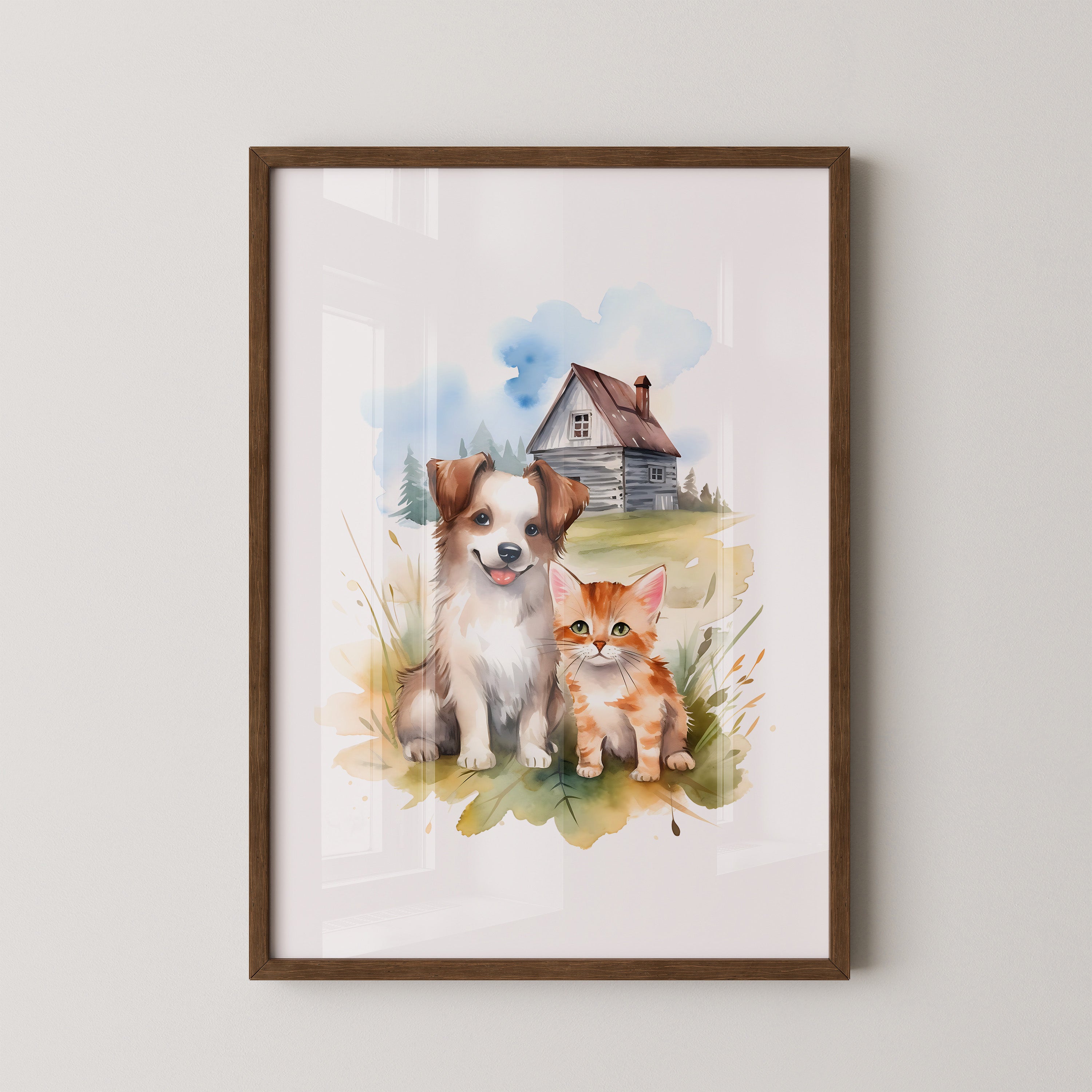 Welpen Kitten Landhaus Aquarell
