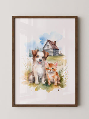 Welpen Kitten Landhaus Aquarell
