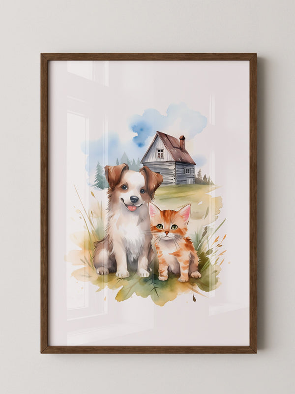 Welpen Kitten Landhaus Aquarell