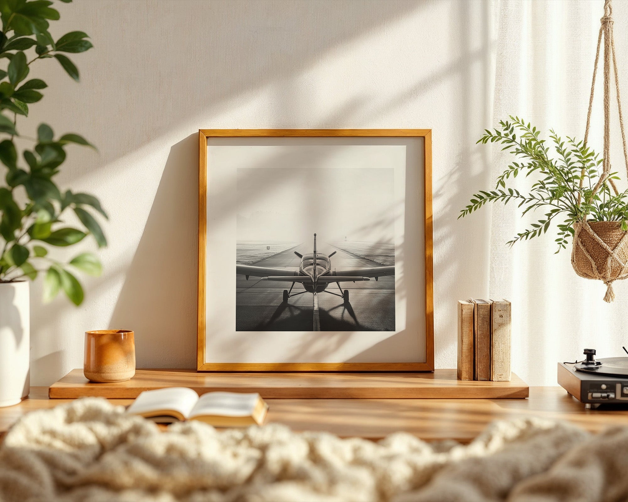 Flugzeug Startbahn Nebel Schwarzweiß