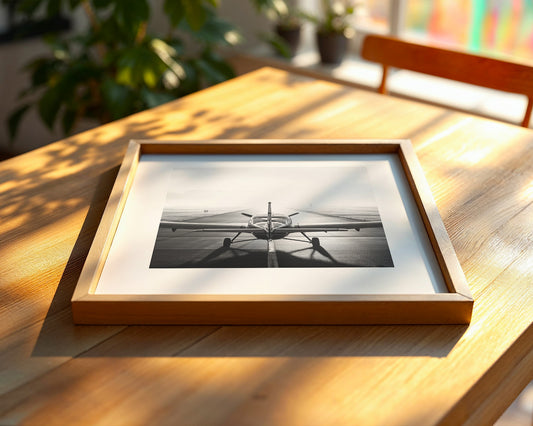 Flugzeug Startbahn Nebel Schwarzweiß