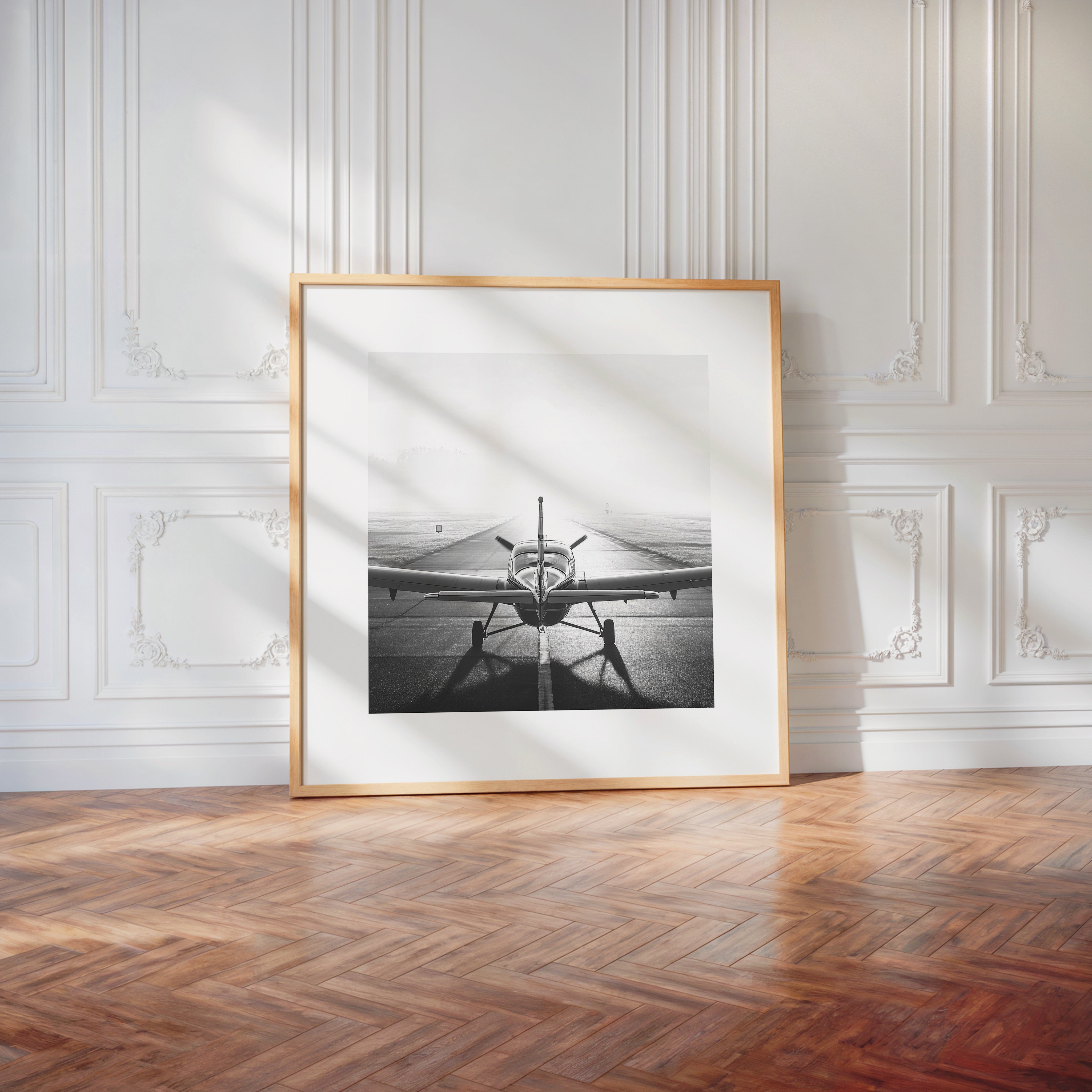 Flugzeug Startbahn Nebel Schwarzweiß