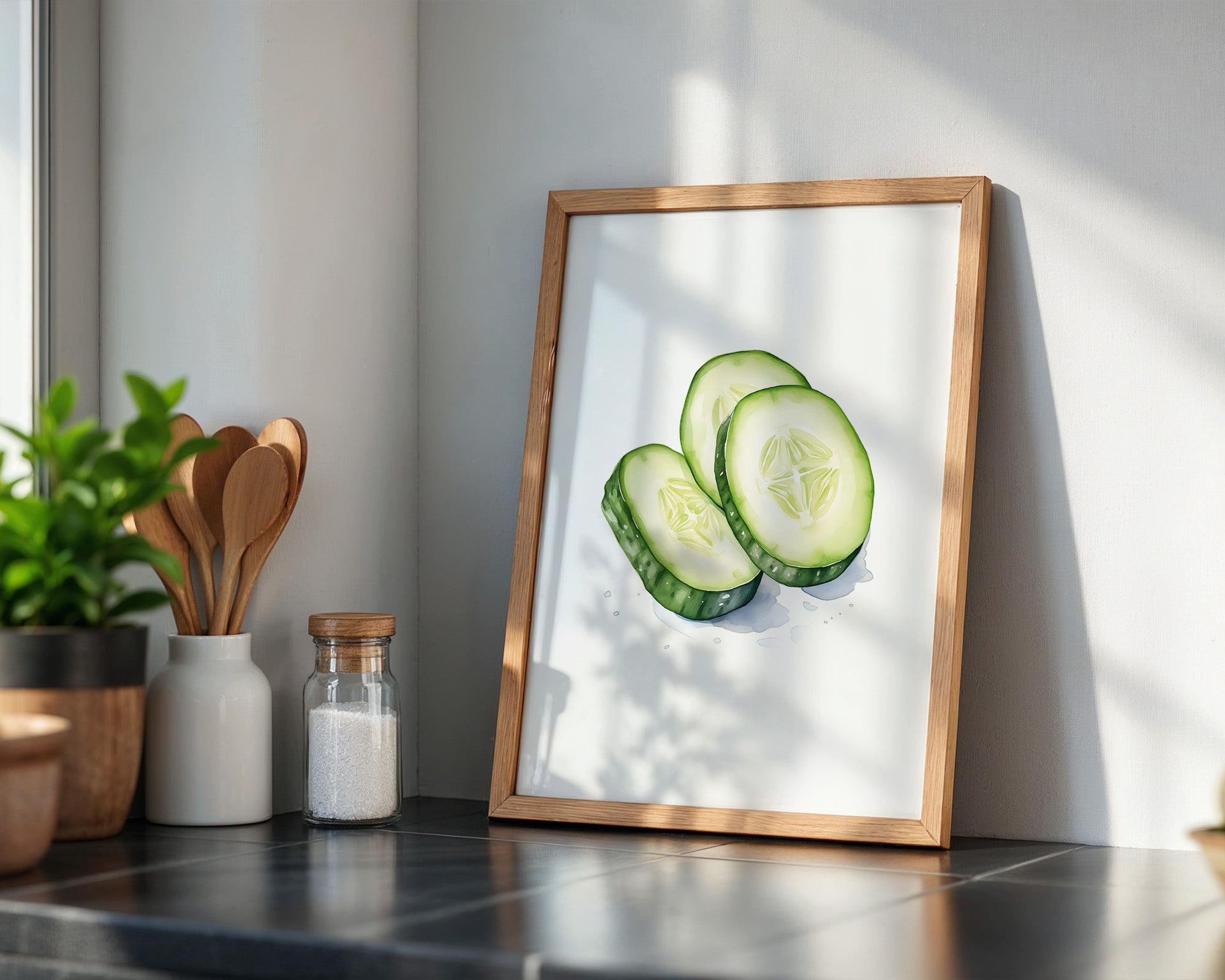 Gurkenscheiben Aquarell Frisch