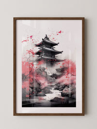 Pagode Aquarell Rote Blüten