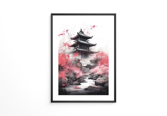 Pagode Aquarell Rote Blüten