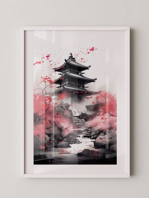 Pagode Aquarell Rote Blüten