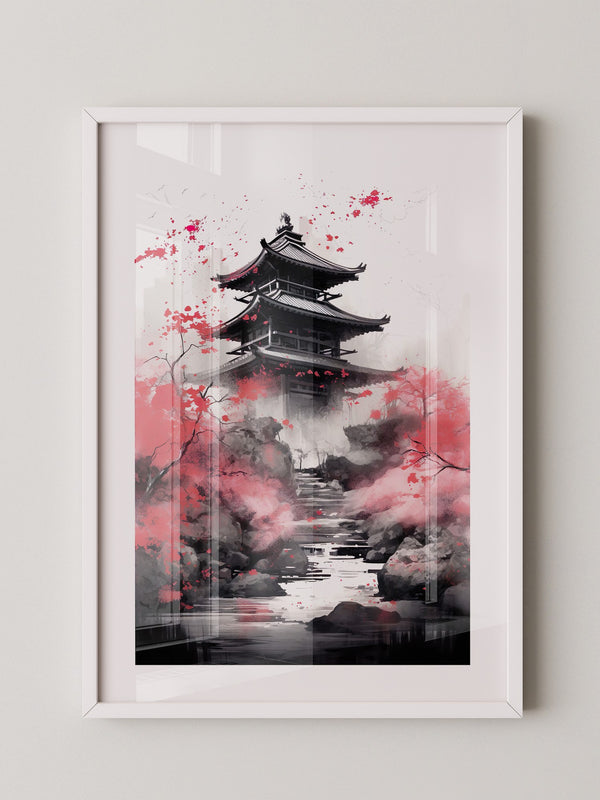 Pagode Aquarell Rote Blüten