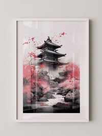 Pagode Aquarell Rote Blüten